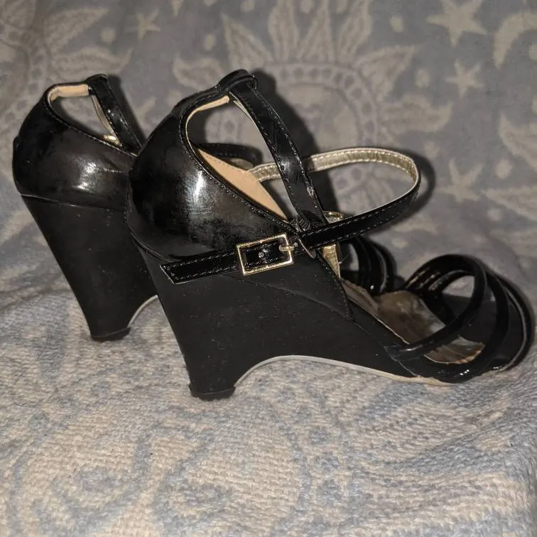 Strappy Black Wedge Heels Size 6 photo 3