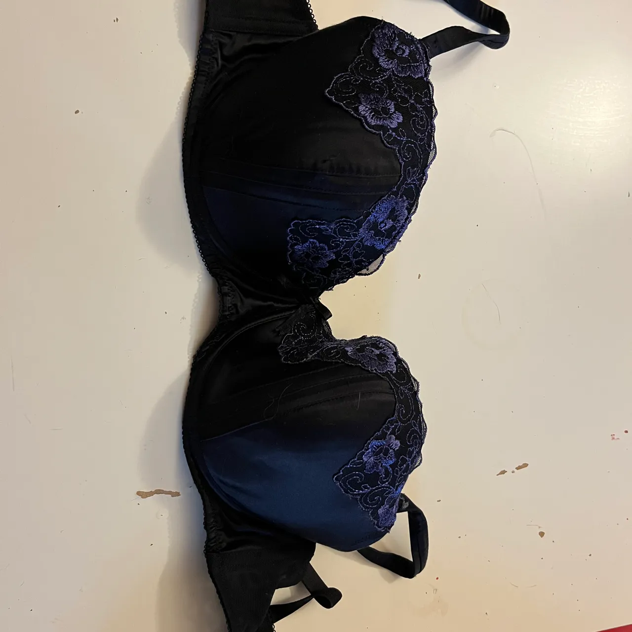 Satin black bra with blue accent photo 1