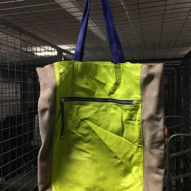 Neon Green/blue & Tan Suede Tote photo 1