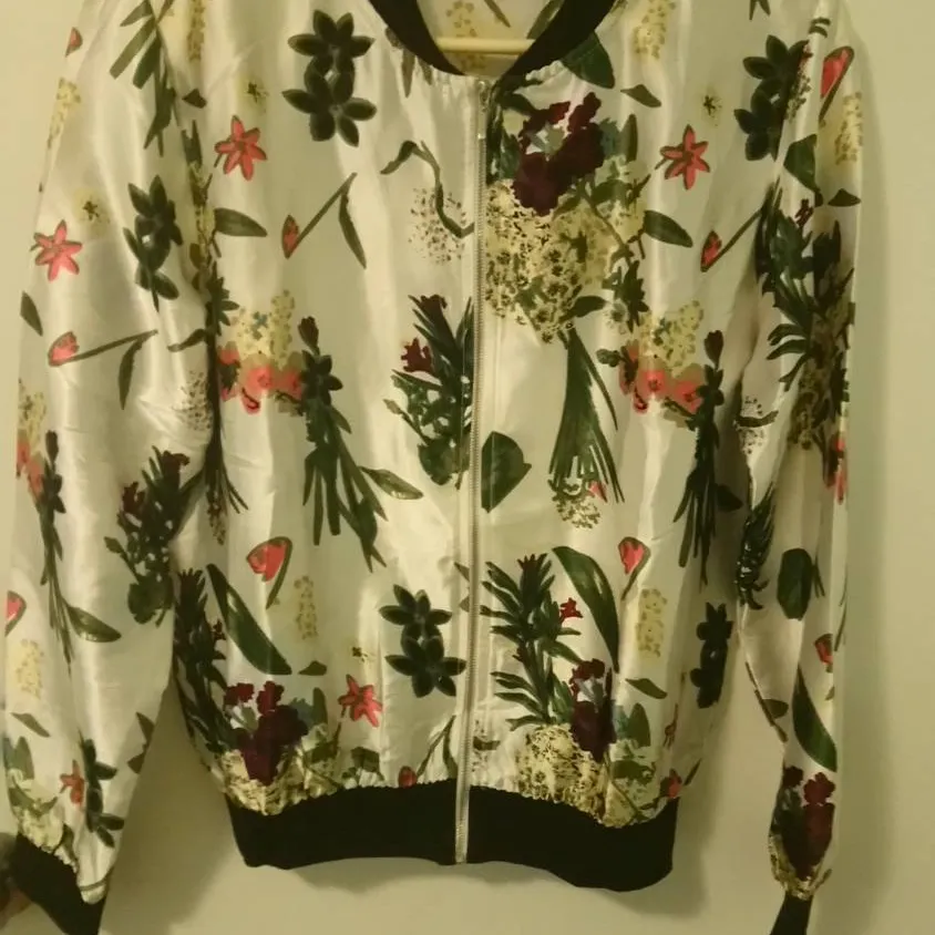 Satin Floral Bomber Zip Jacket Size S photo 1
