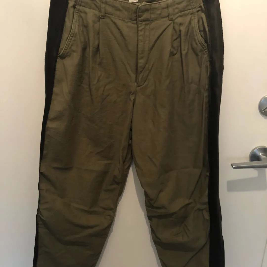 Size 10 GAP olive Green Pants With Black Side Stripe photo 1