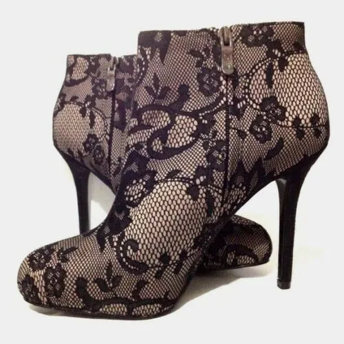 Euc Ann Taylor loft ellie black nude lace boots heels 6.5 photo 1