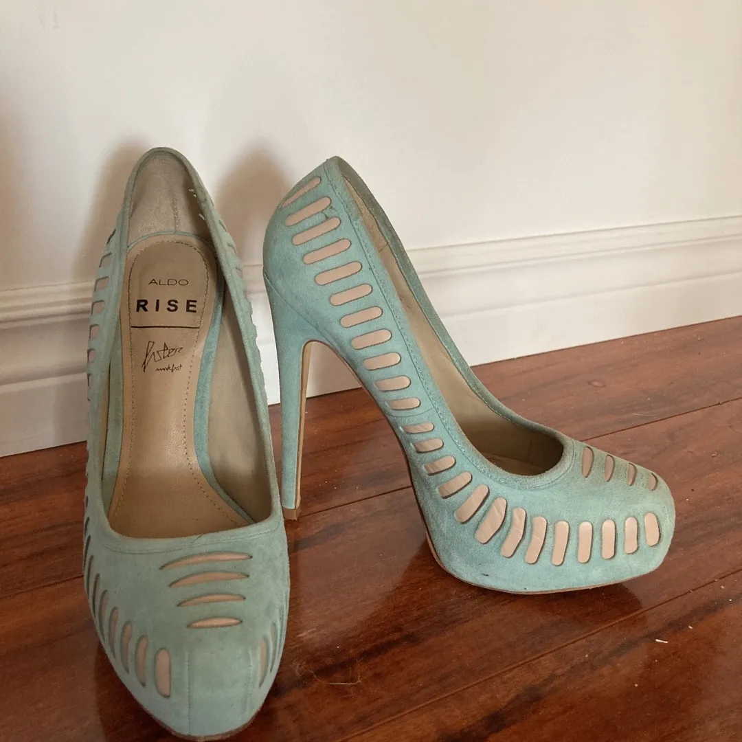 Turquoise Blue And Tan Heels photo 1