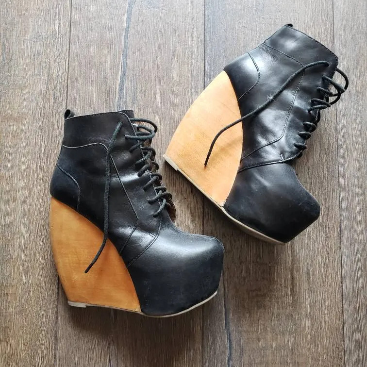 Black Leather Wood Heel Platform Wedge Size 7 photo 7