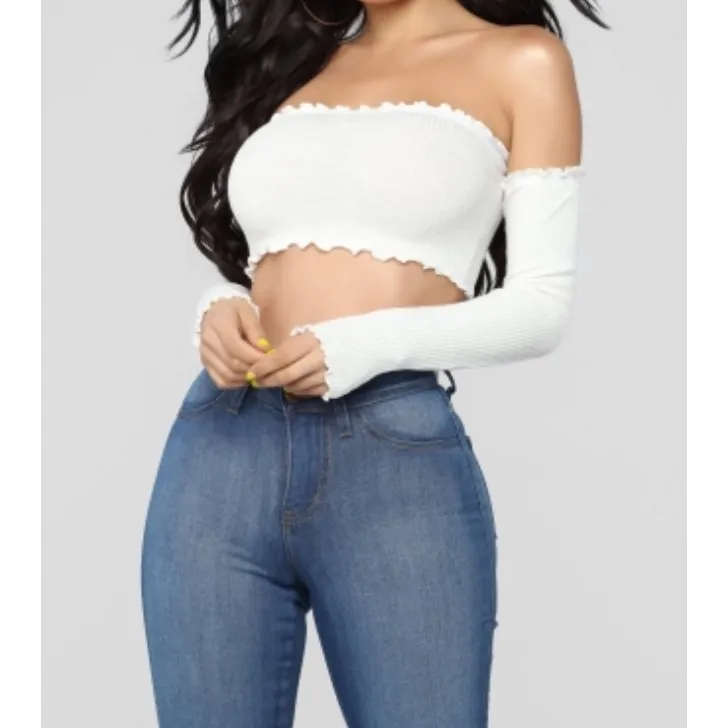 Off Shoulder White Long Sleeve Crop Top photo 1