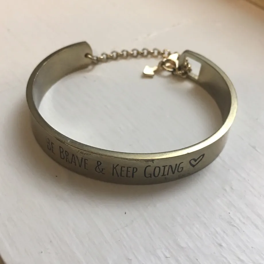 Gold “Be Brave & Keep Going <3” Cuff Bracelet photo 1