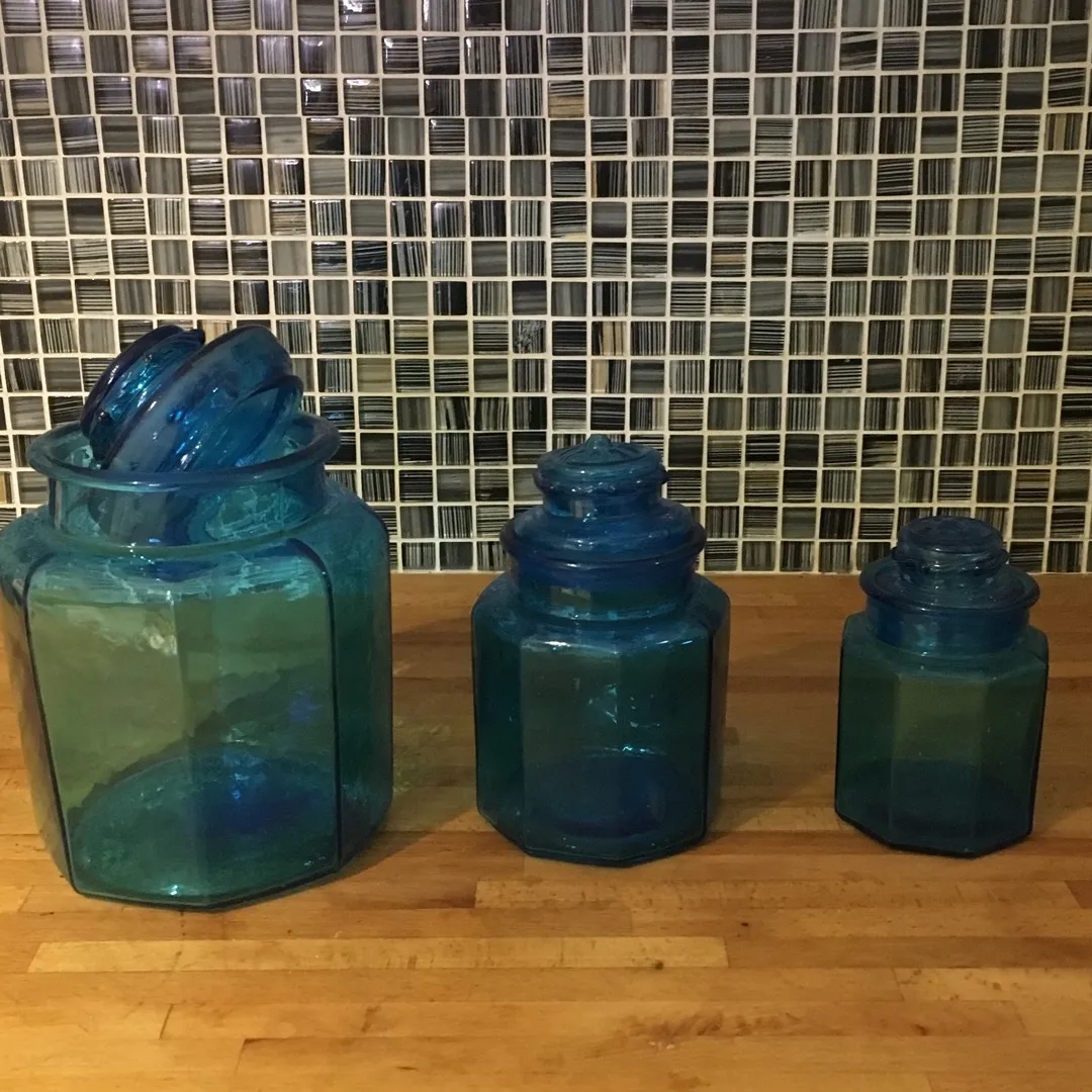 Set Of 3 Blue Glass Jars. photo 1