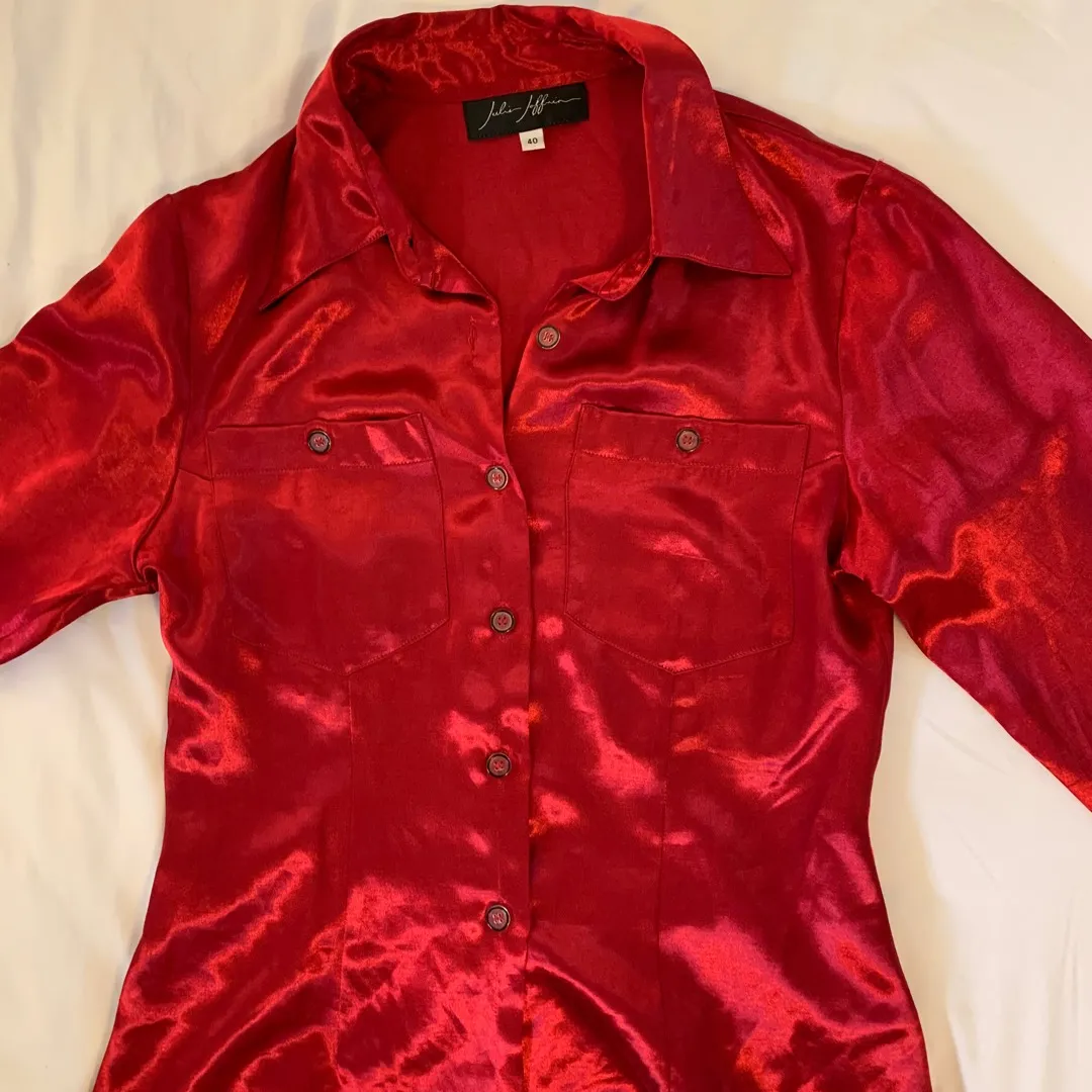 Red Satin Button-Up Top photo 3