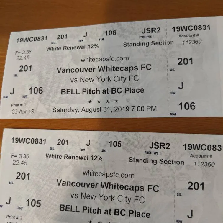 2 Whitecaps Tickets for Aug 31 7pm Game photo 1