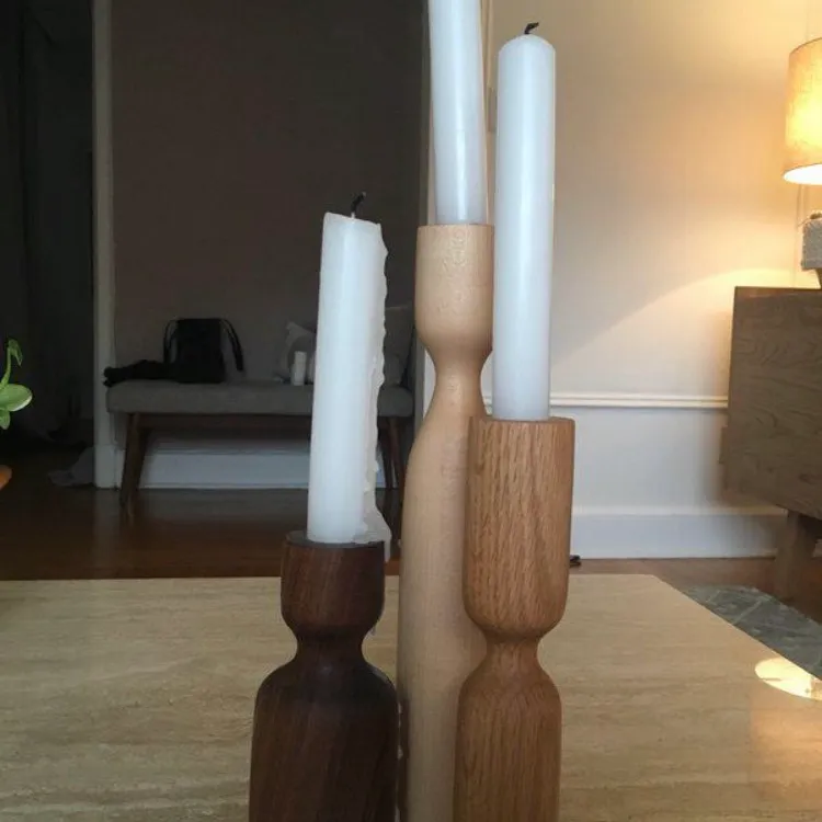 Mid Century Style Turned Wood Candlesticks photo 1