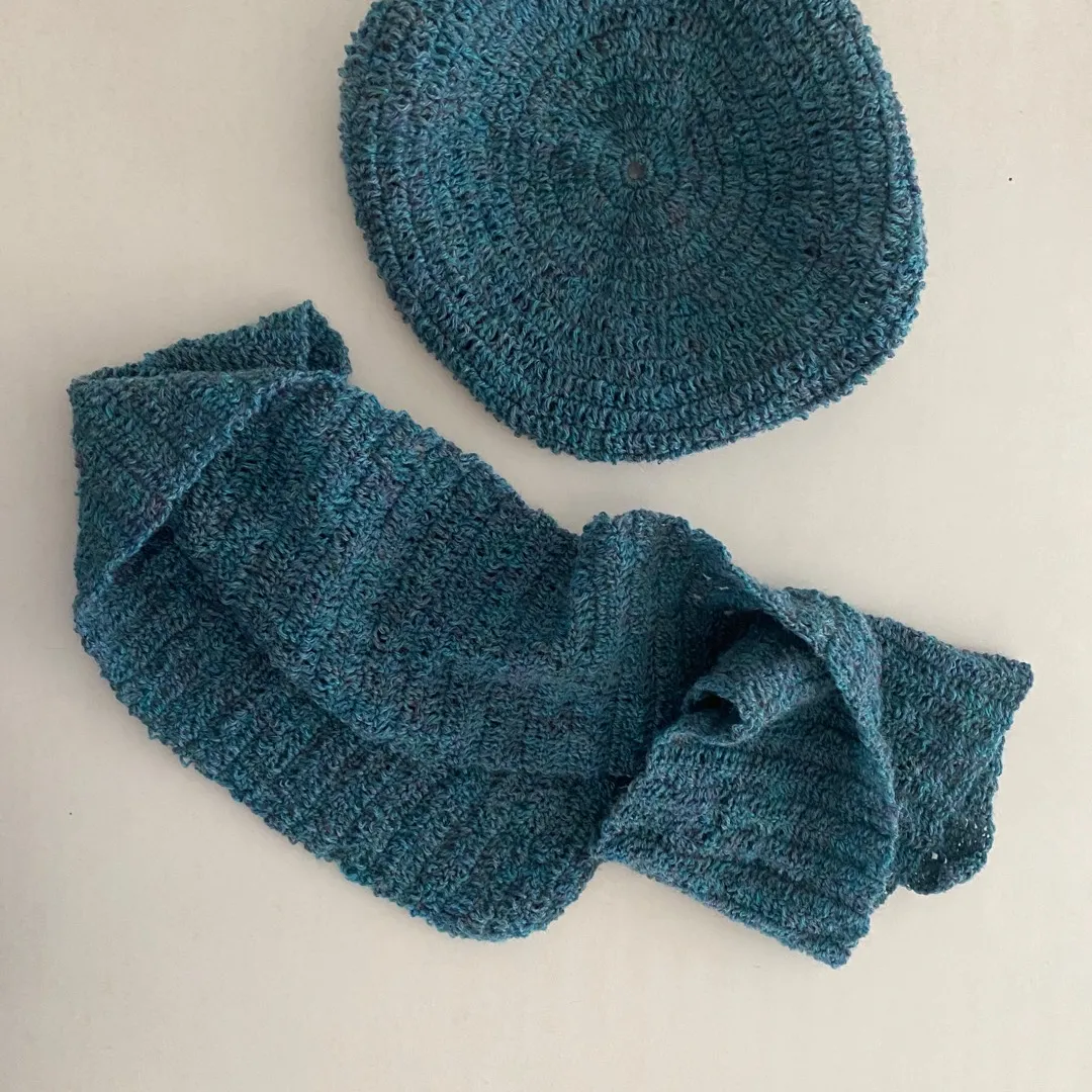 Hand knitted scarf & Cute knit blue cap beanie toque, handmad... photo 1