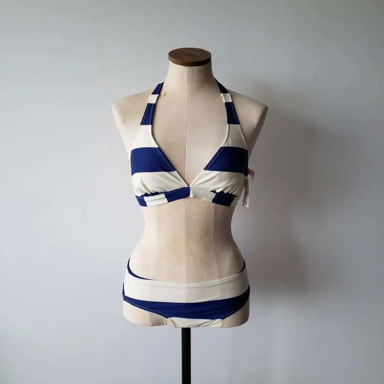 New Blue & White Striped Bikini photo 1