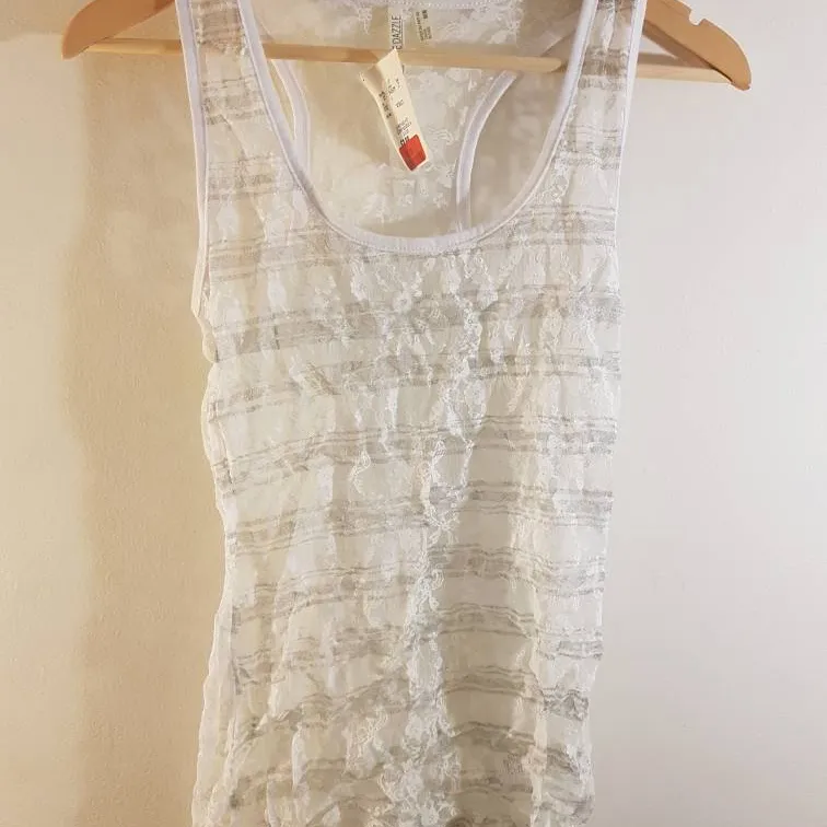 White And Silver Lace Tank Top (Sheer) - Medium - BNWT! photo 1
