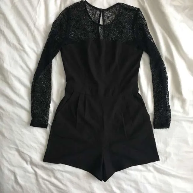 XS Black Romper With Lace Mesh Sleeves photo 1