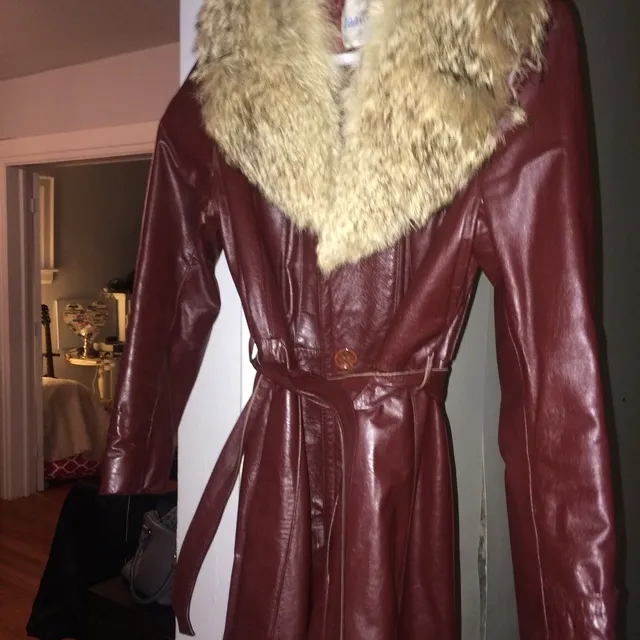 Red Leather And Fox Fur Full Length Vintage Coat photo 1