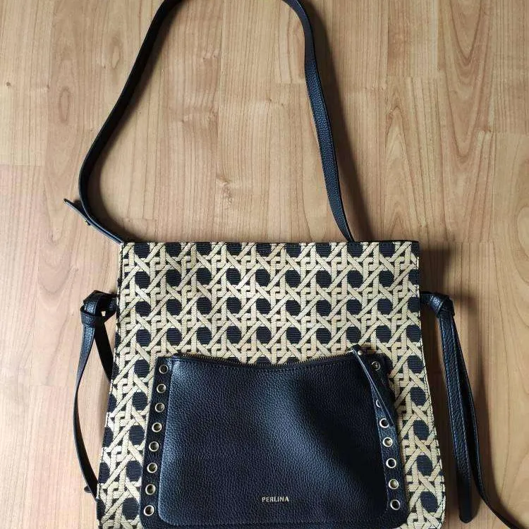 New Perlina Cleo Leather & Straw Shoulder Tote photo 1