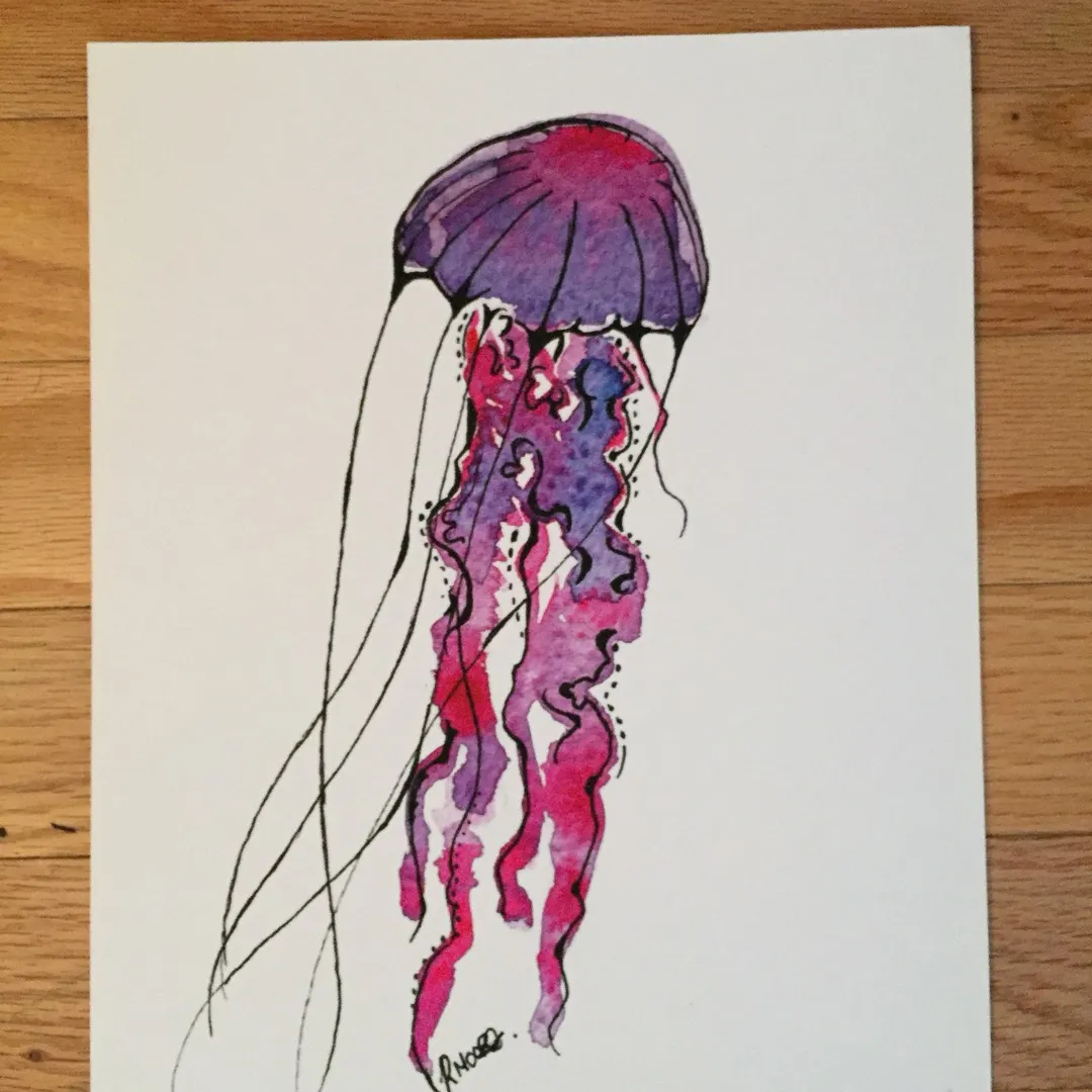 Pink Jellyfish art print, Watercolour photo 1