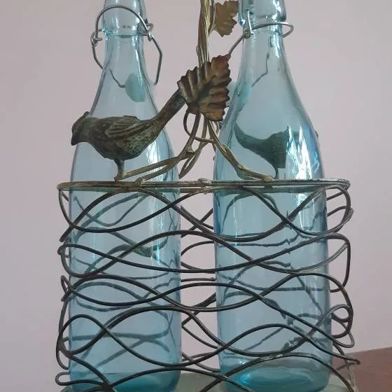Bird Bottle Holder + 2 Blue Glass Bottles photo 8