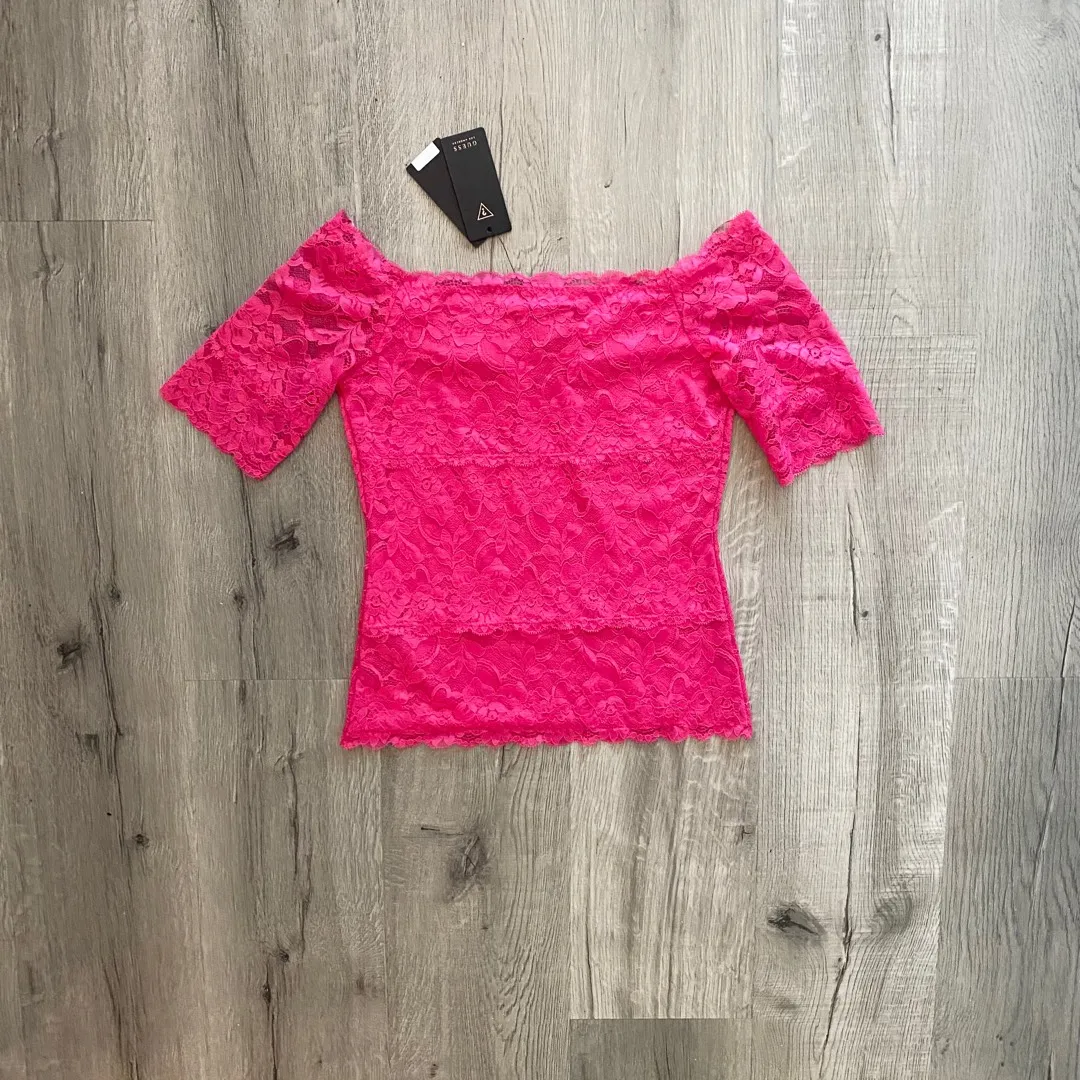 Guess Pink Lace Off Shoulder Top photo 4