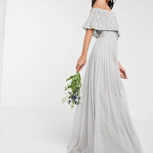 Gray Long Beaded Off The Shoulder Dress photo 1