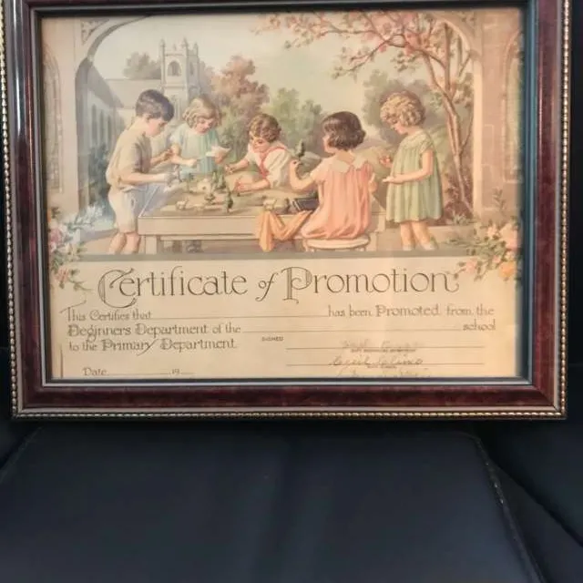 1930's Vintage Framed school promotion certificate photo 1