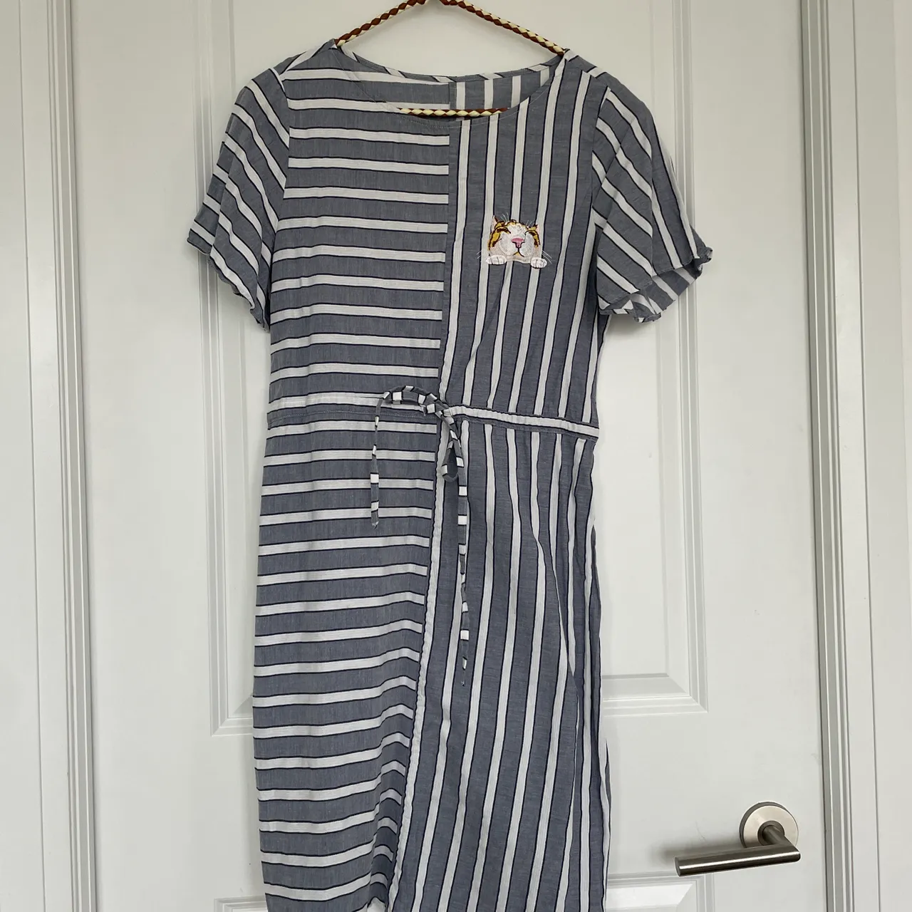 Striped blue and white dress with cat patch photo 1