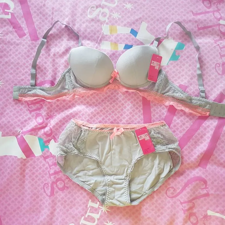 BNWT Pink And Grey Lace Bra And Underwear Set Size Small photo 1