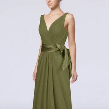 Olive Green Elegant A-line V-neck Sleeveless Dress, Brown Sas... photo 1