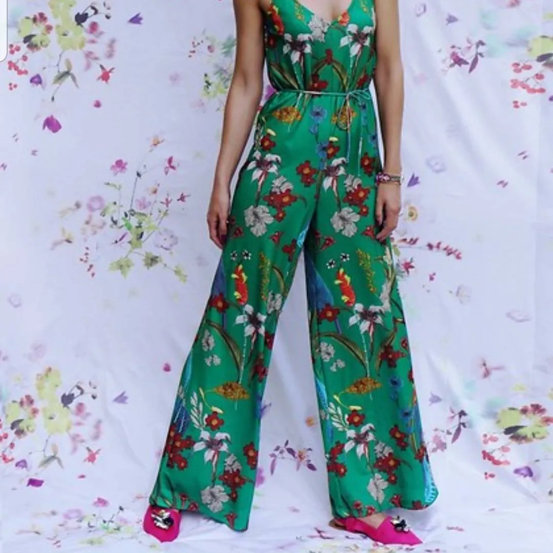 Zara Size SMALL Green Floral print JUMPSUIT photo 1