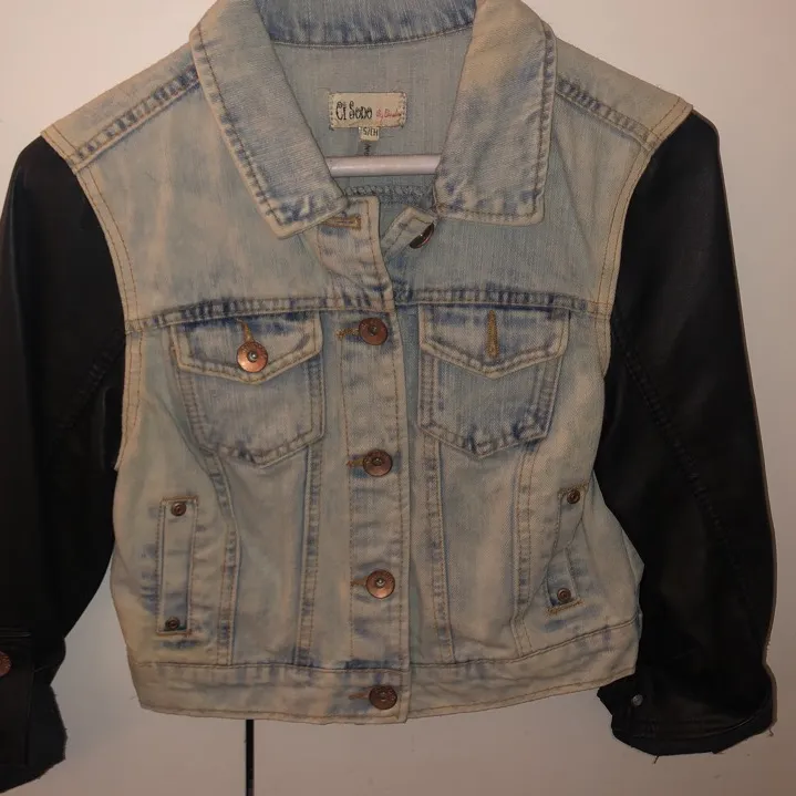 Cropped Jean Jacket With Leather Sleeves photo 1