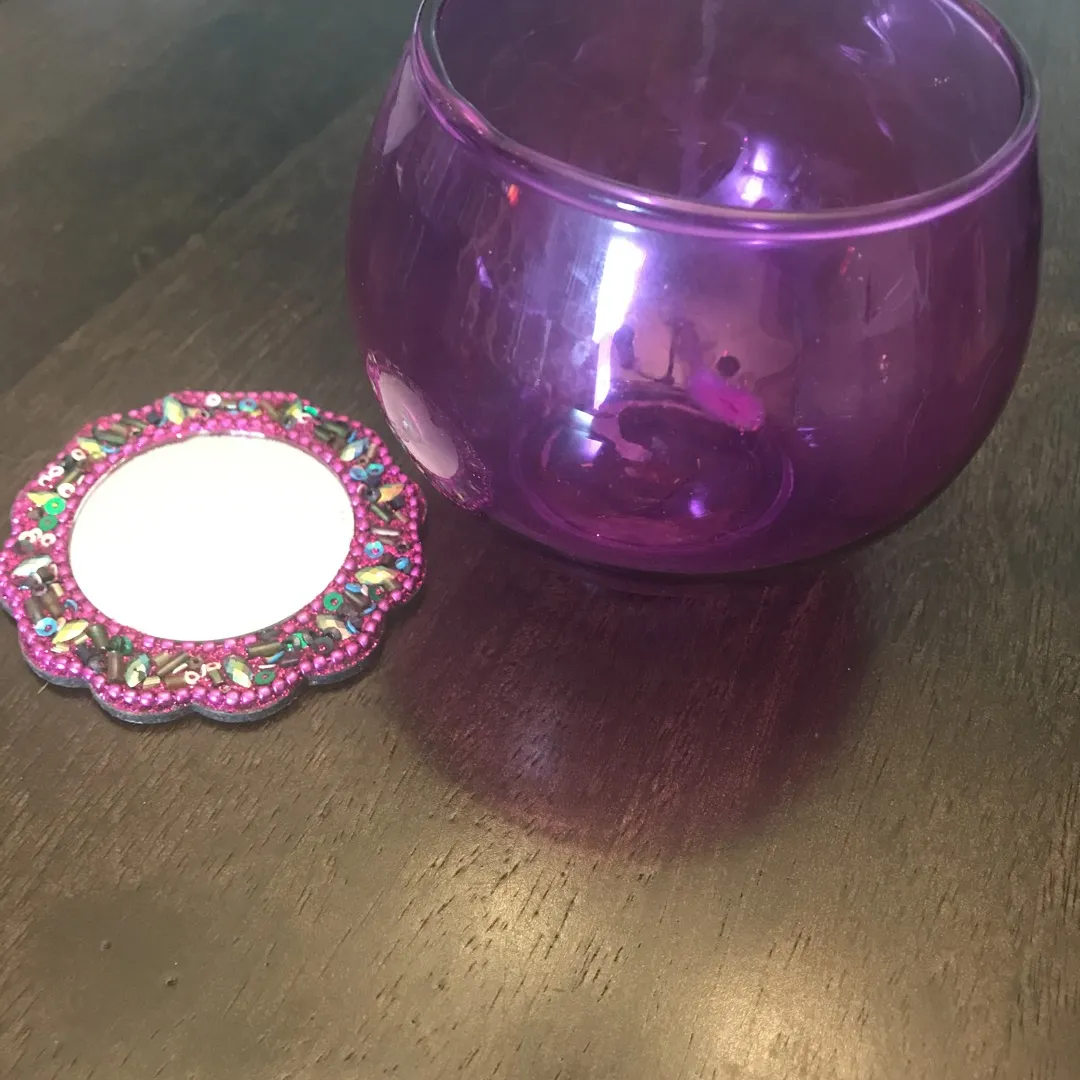 Purple Candle Holder With Mirrored Beaded Tray photo 1