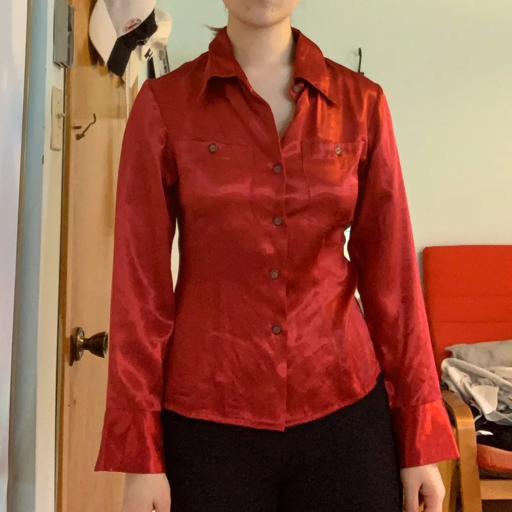 Red Satin Button-Up Top photo 8