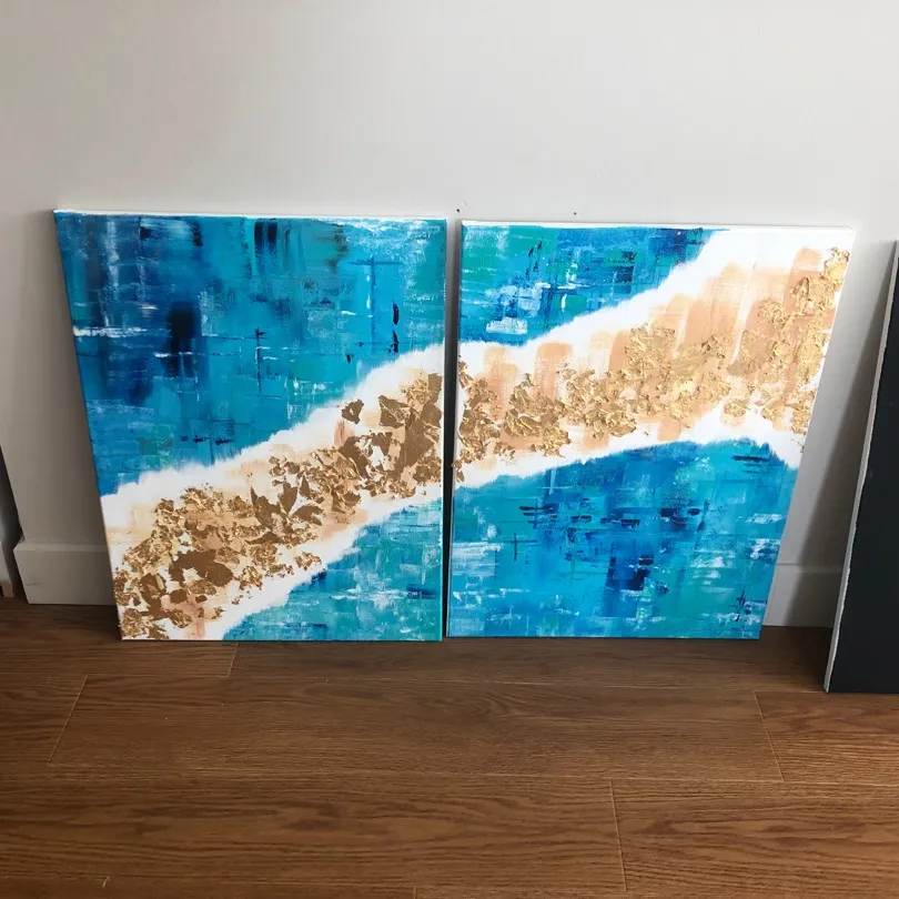 Abstract Gold Leaf Diptych Painting photo 1