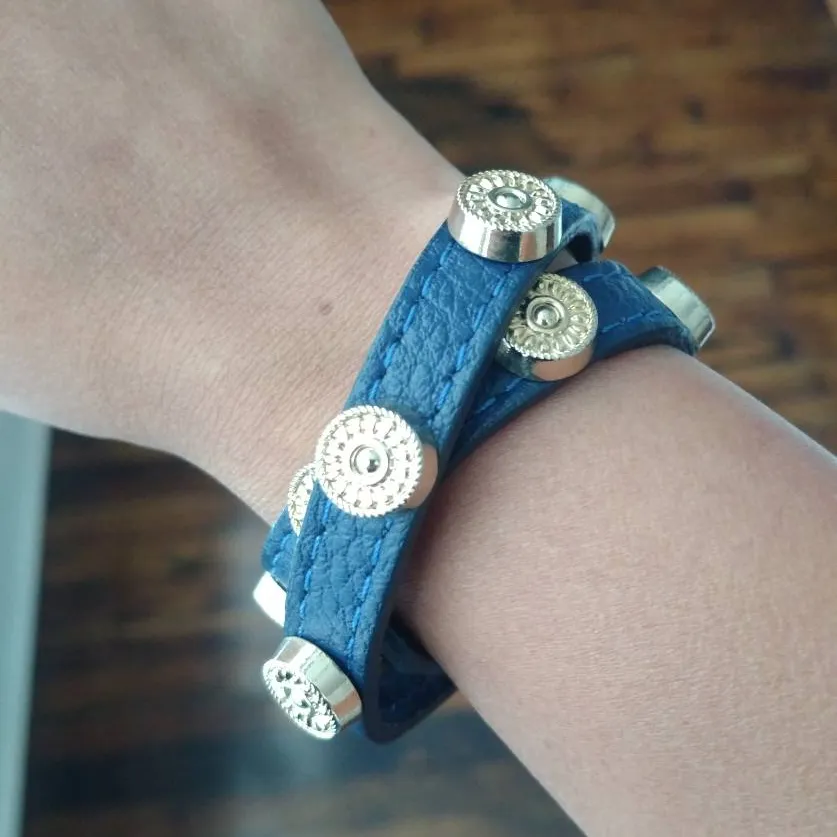 Leather Wrap Around Bracelet In Blue With Gold Studs photo 1