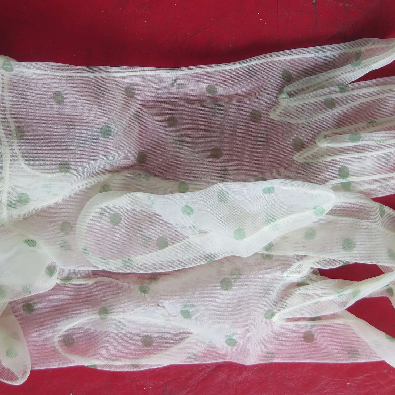 VINTAGE 1960s sheer gloves with green polka dots photo 1