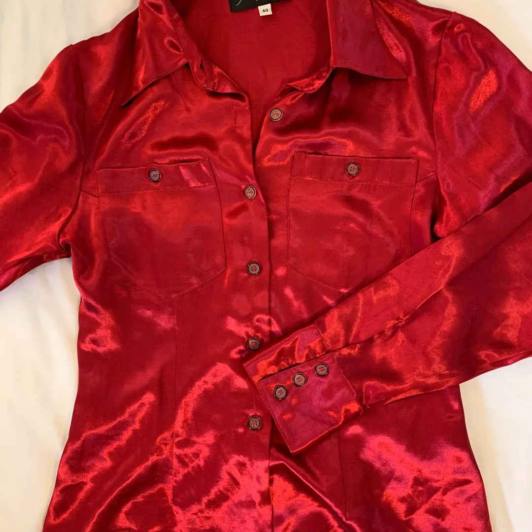 Red Satin Button-Up Top photo 4