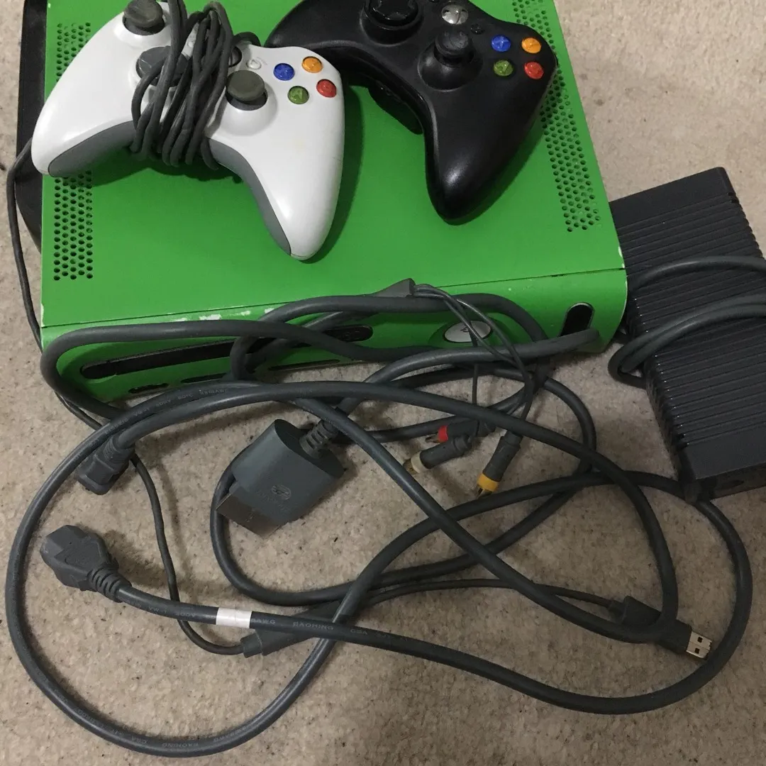Rare Green Xbox 360, Includes Cords & 2 Controllers photo 3