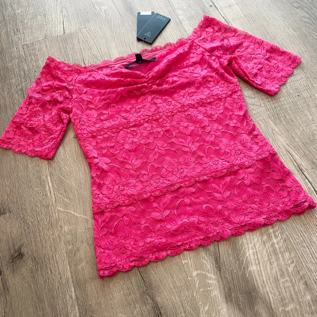 Guess Pink Lace Off Shoulder Top photo 5