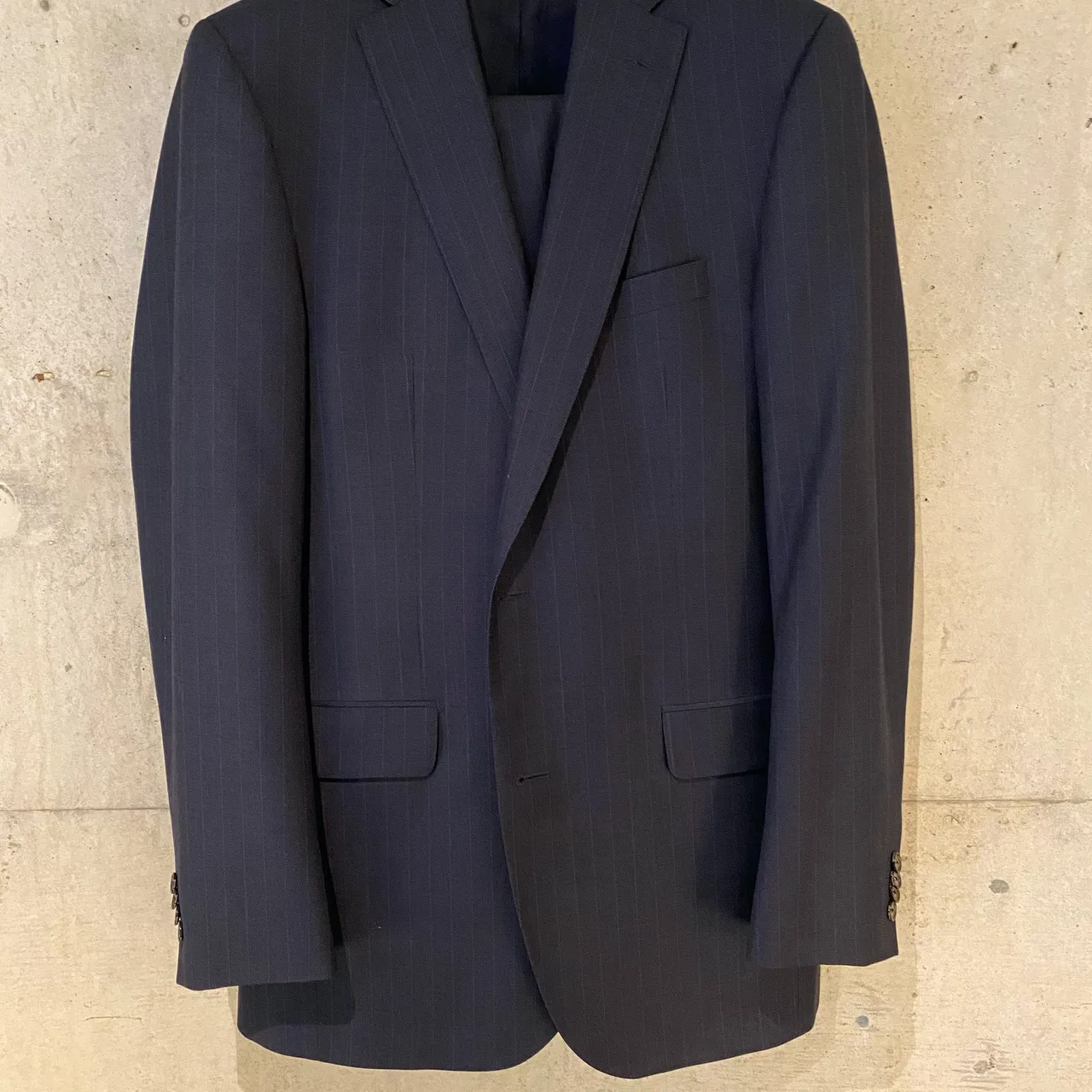 mens blue stripe business suit photo 1