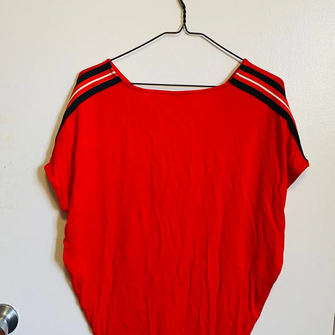 Red Batwing T Shirt With Striped Sleeves photo 3