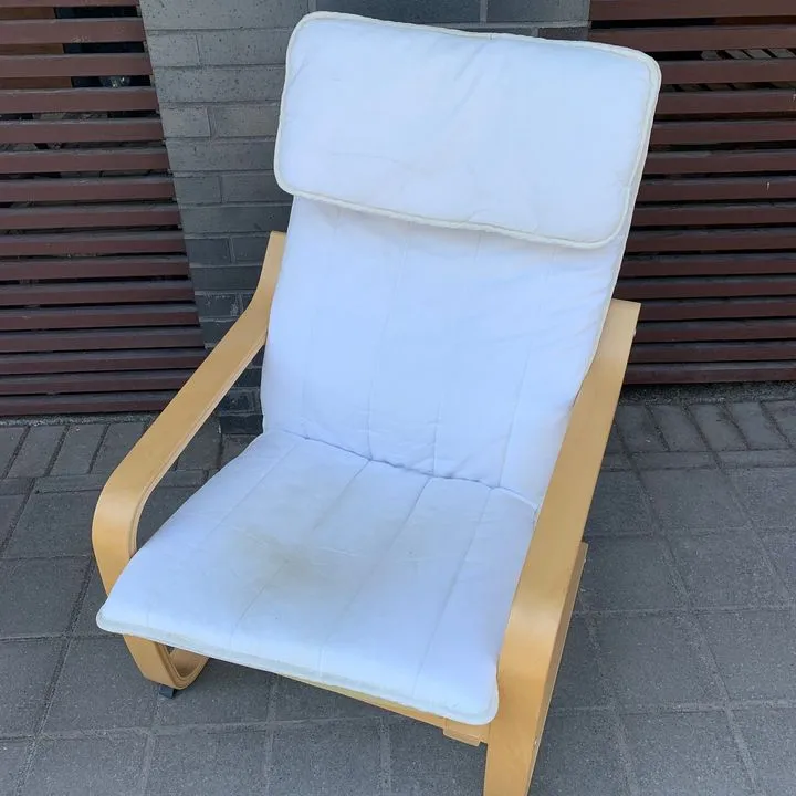 IKEA POÄNG Armchair, birch veneer with white cushion and pillow photo 4