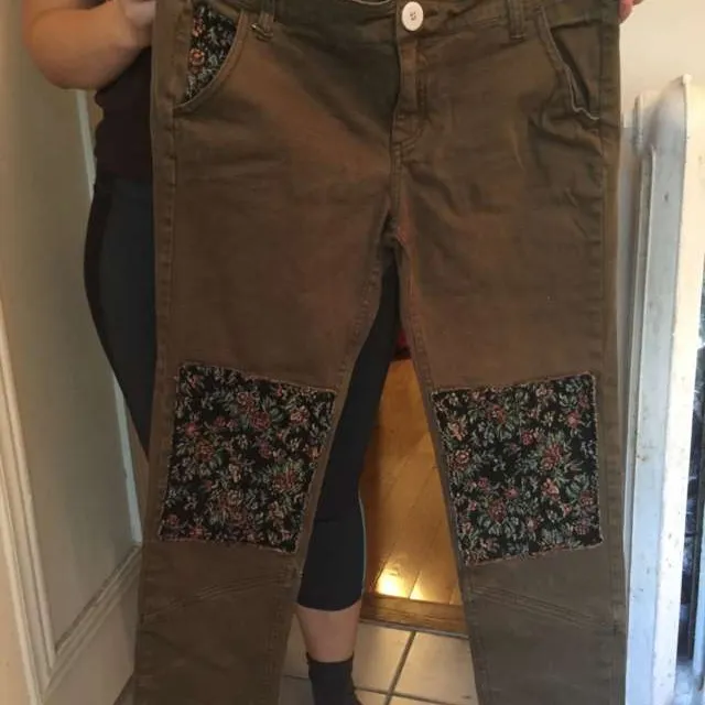 Free People Brand Pants with Floral Knee Patches, Size 4(Small) photo 1