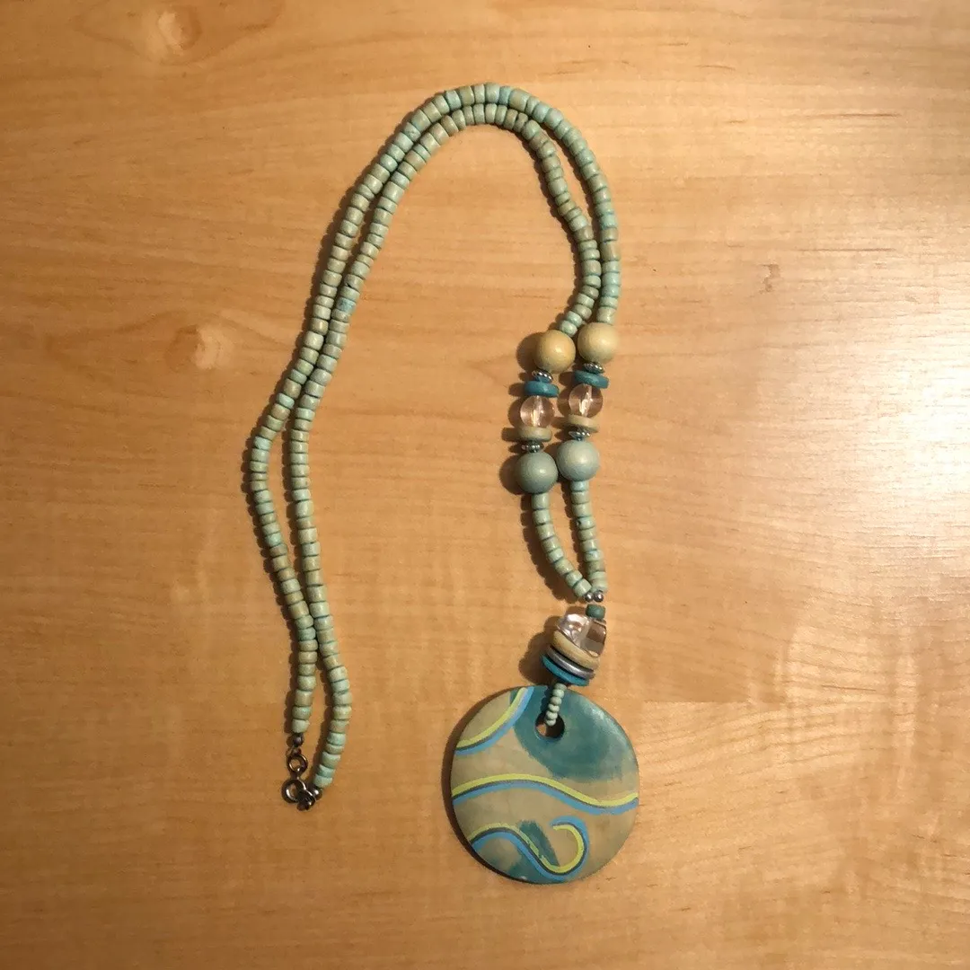 Blue-Green Stained Painted Wood And Mixed Beads Pendant Necklace photo 1